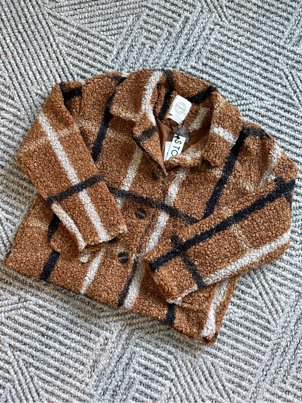 Stoosh Brown Plaid Teddy Puffer Jacket with Cream & Black Stripes
